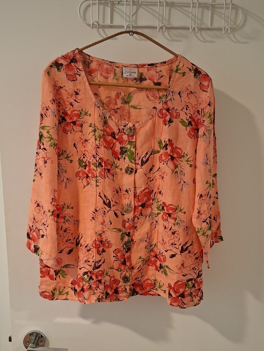 CMC 100% Linen Coral & Floral-print Collarless Relaxed-fit Blouse (Size M)